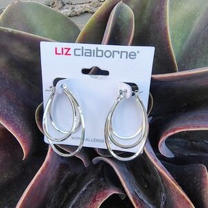 NWT Liz Claiborne Silver Tone Dangle Oval Loop Earrings Hypo-Allergenic